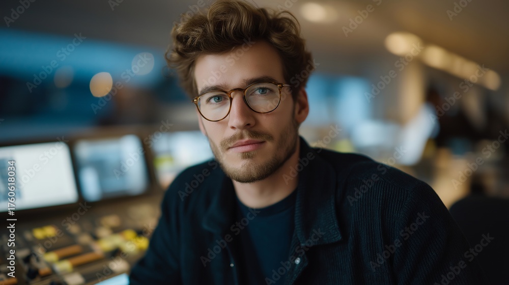 Fototapeta premium Engineer supervising digital control panels managing automated weaving systems in a modern textile lab, emotion of focus and professionalism visible, representing AI-driven production, smart