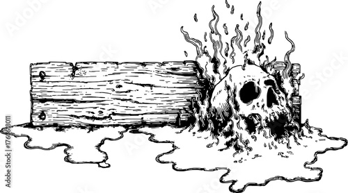 Creepy skull illustration with a wooden background, featuring dramatic black and white vector art.