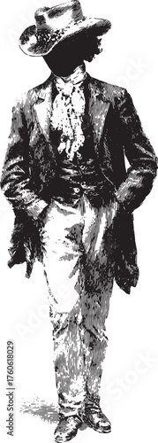 Man in victorian suit with hat and cravat. Monochrome vintage fashion vector illustration with elegant classic outfit.