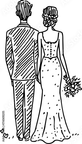 Wedding couple silhouette in black outline style. Elegant vector illustration capturing a romantic moment, set design emphasizing love and togetherness.