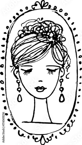 Cartoon silhouette of a woman?s face with elegant hair. Hand-drawn jewelry and floral details create a simple vector illustration set.