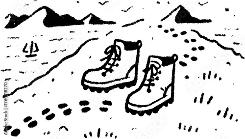Boots on a trail in a nature setting. Simple vector illustration with footprints leading toward mountains and a sailboat on the water.