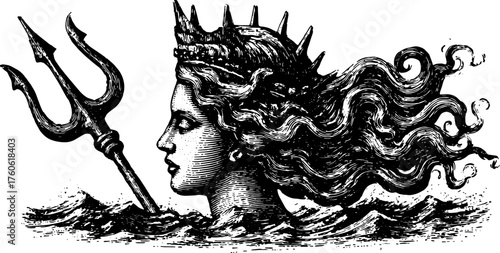 Vintage engraving of a female figure with a crown and trident. This black and white vector illustration emphasizes classic mythology elements.