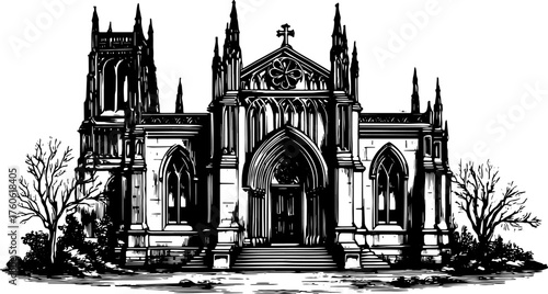 Vintage church illustration featuring detailed gothic architecture in black and white. Engraved outline drawing serves as a classic vector representation.