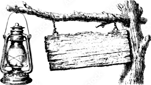 Vintage lantern and wooden sign in engraving style. Detailed vector illustration set on a branch for decorative purposes or creative use.