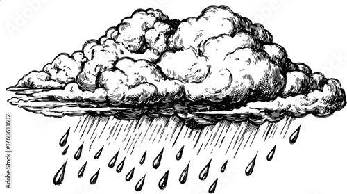 Vintage cloud with rain, detailed line drawing style. This black and white vector illustration captures weather elements in a unique way.