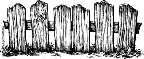 Vintage wooden fence vector illustration in a detailed line drawing style. High-contrast black and white artwork ideal for backgrounds or decorative uses.