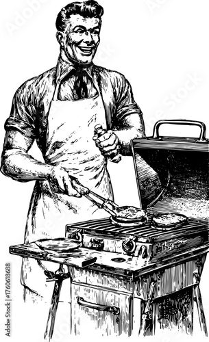Vintage engraving of a man grilling meat with a smile. Professional apron and kitchen equipment featured in this vector illustration.