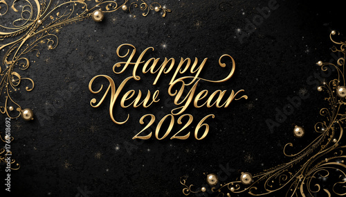 Elegant gold Happy New Year 2026 wishes on dark textured background