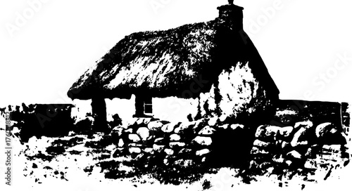 Silhouette of an antique cottage in engraving style. Vintage black outline vector illustration showcasing detailed rural architecture.