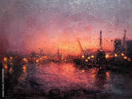 Abstract Impressionistic Painting Portraying a Vibrant Sunset Over a Cityscape Reflected in Water with Raindrops on a Glass Surface Evoking a Sense of Serenity and Urban Beauty
