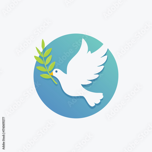 Dove of Peace with Olive Branch in Blue Circle.