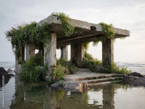 Serene Coastal Stone Structure Submerged in Shallow Ocean Water, Overgrown with Green Plants and Blooming Flowers, Minimalist Ruin at Shoreline under Soft Morning Light
