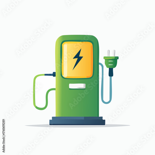 Electric Vehicle Charging Station with Green Energy Plug.