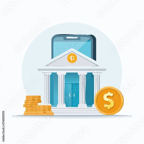 Digital Banking and Finance Concept with Bank Building and Coins.