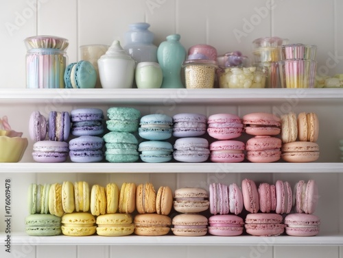 Assorted Macarons Bakery Shelf Colorful Desserts Sweet Treats Jars Background Delicious French Confectionery Display Vibrant Collection