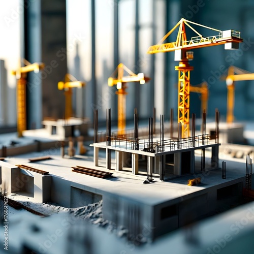 A miniature model of a construction site with multiple cranes and building foundations.
