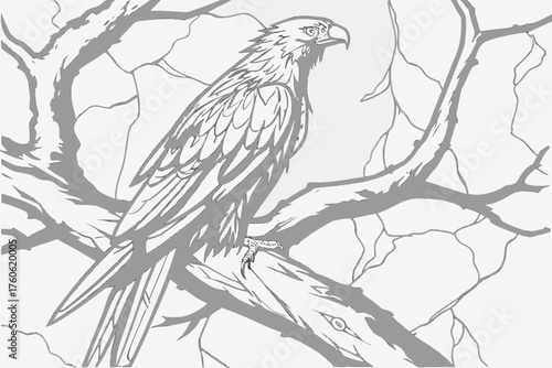 Detailed Gray Outline Vector Illustration of an Eagle Bird Perched on Tree Branches