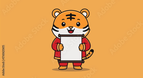 Cute cartoon tiger character holding a blank scroll, wearing traditional red Chinese clothing on an orange background, smiling happily.
