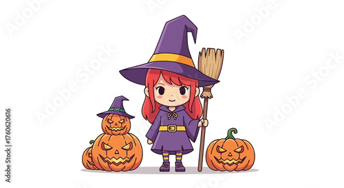 A cute cartoon witch with red hair, a purple hat, and a broom, standing between two carved pumpkins.
