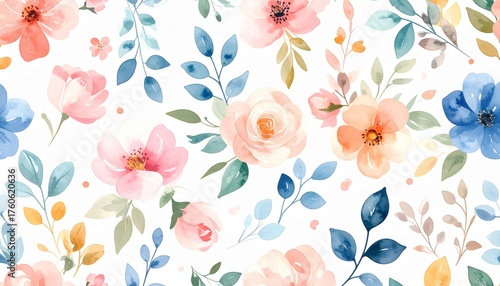 A beautiful watercolor painting of a floral pattern with soft pink, peach, and blue flowers and green leaves on a white background.