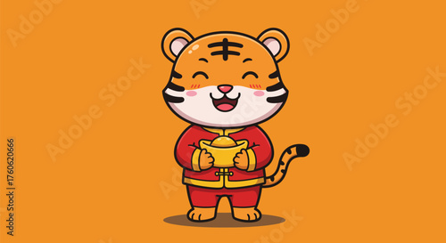 A cute cartoon tiger cub in a red traditional Chinese costume holding a gold ingot.
