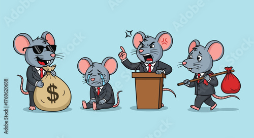 A group of mice in suits depict a story of wealth, sadness, anger, and departure.