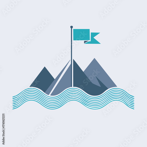 Mountain Peak Achievement with Flag and Wavy Water Illustration.