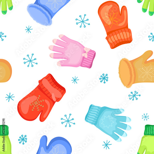 Vintage winter seamless pattern with mittens and snowflakes on white background. Warm winter gloves. Colorful mitten cold season, apparel accessories. Seamless pattern