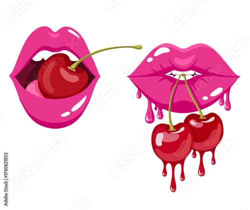 Woman lips with a cherry. Sexy woman's half-open mouth or lips clamps a cherry berry in the teeth. Female sexy pink lips. Cartoon