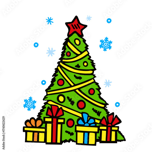 Christmas tree with presents. Seasonal theme concept color sketch. Merry Christmas, Happy New Year, greeting card, poster, for web, social media and print