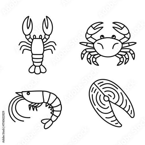 Seafood icons lobster crab shrimp salmon steak line art Keywords: seafood, lobster, crab, shrimp