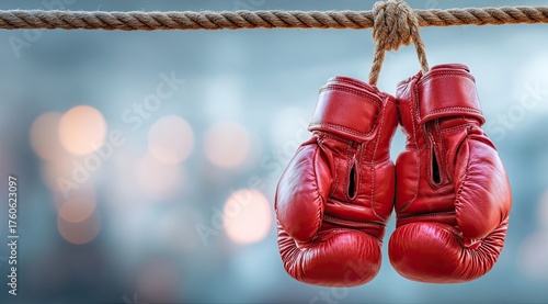 Red boxing gloves hang from a rope against a blurred background