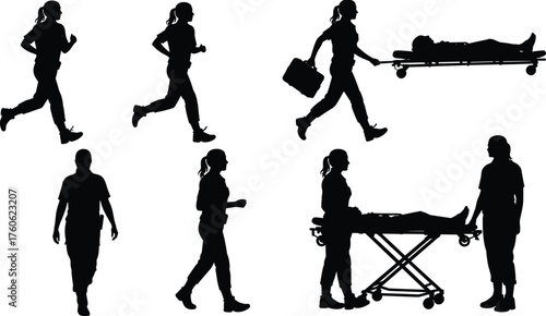 Emergency silhouettes, stretcher transport, running pose, walking gesture, briefcase carry, medical response, minimal style, posture, urgency, healthcare action