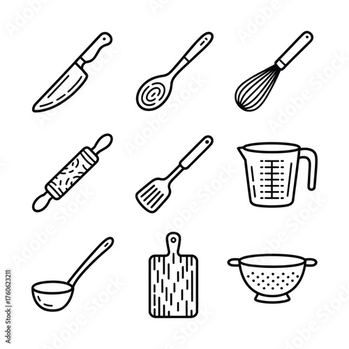 Kitchen utensil icons knife spoon whisk rolling pin spatula measuring cup ladle colander