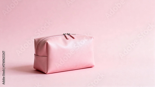 Pink leather toiletry bag on a soft pink background