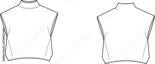 Fashion flat sketch sleeveless high neck cropped top front and back technical drawing, minimalist apparel design, CAD drawing flat vector illustration