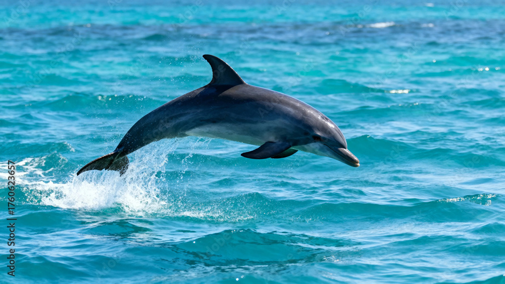 Naklejka premium Dolphin leaping out of turquoise ocean water