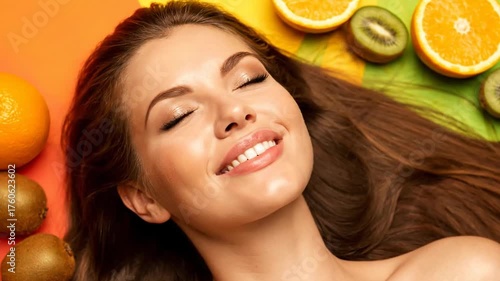 Smiling woman relaxing with citrus kiwi slices