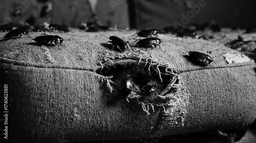 Cockroaches crawling on torn fabric: urban pest infestation captured in monochrome