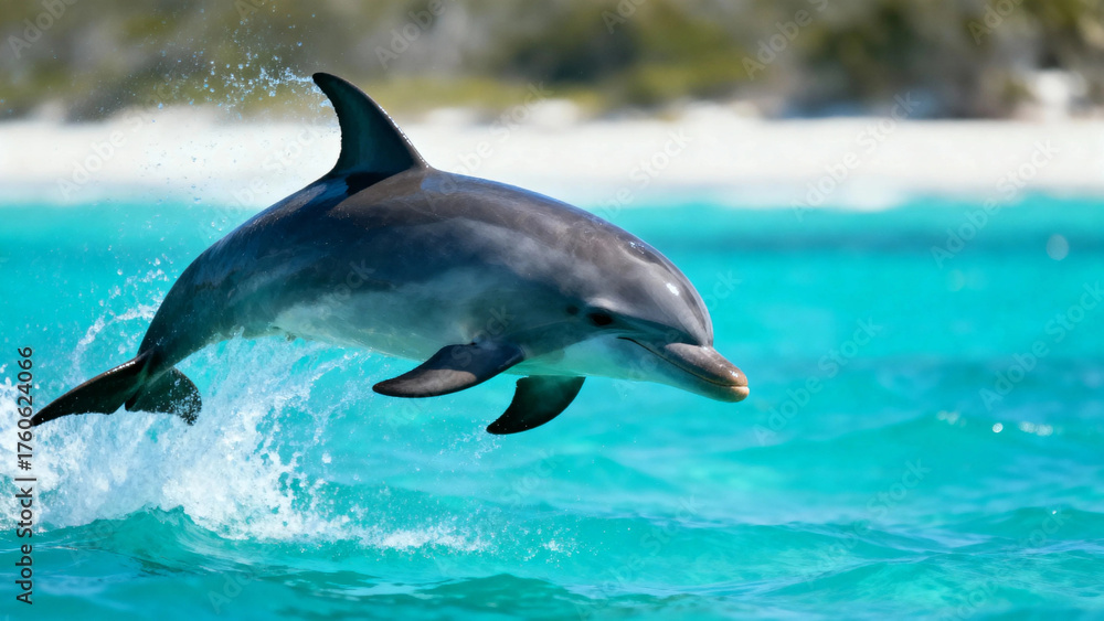 Fototapeta premium Dolphin leaping out of turquoise water near a sandy beach