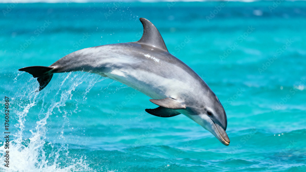 Fototapeta premium Dolphin leaping out of turquoise ocean water