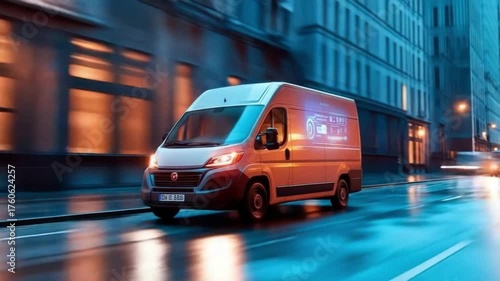 Experience the calm of the city at night as a delivery van glides through the streets. Perfect for projects needing nighttime transport visuals. AI