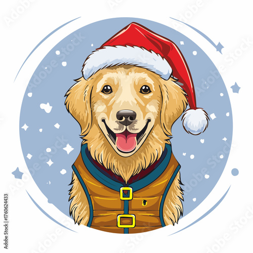 Ein fröhlicher Golden Retriever trägt eine rote Nikolausmütze