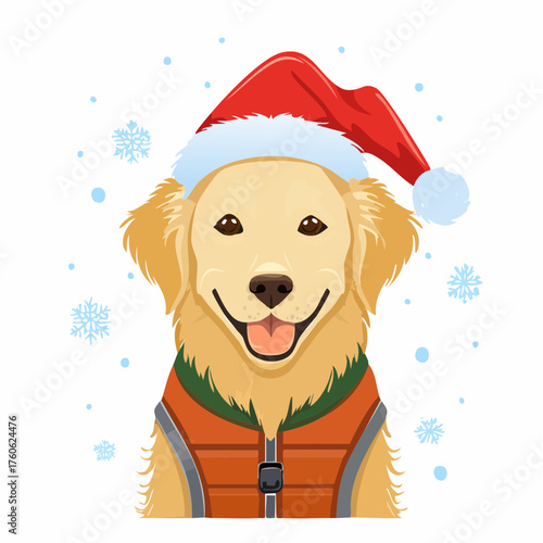 Ein fröhlicher Golden Retriever trägt eine rote Nikolausmütze