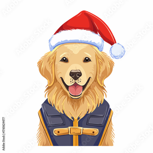 Ein fröhlicher Golden Retriever trägt eine rote Nikolausmütze