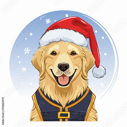 Ein fröhlicher Golden Retriever trägt eine rote Nikolausmütze