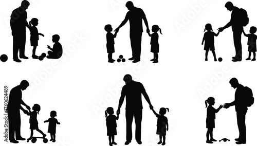 Father and children, silhouette interaction, caregiver moment, parenting scene, playtime activity, family bonding, toy engagement, walking support, outdoor gesture, minimal style