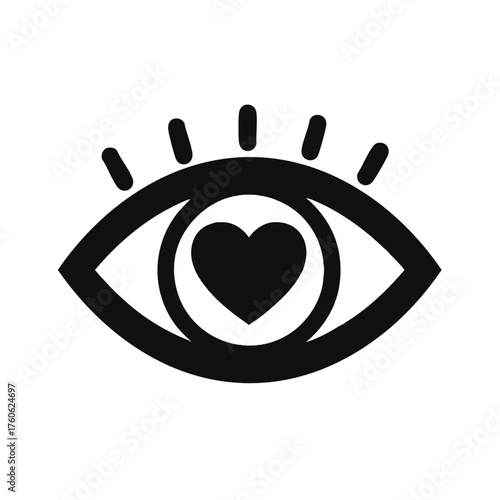 Minimalist black icon of an eye with a heart shape pupil.