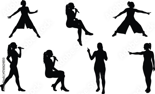 Female singer silhouette, microphone pose, black vector, performance stance, expressive gesture, stage icon, music figure, public speaking, vocal art, entertainment graphic